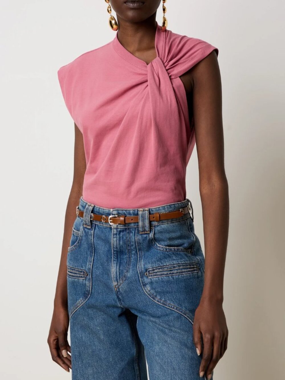 Isabel Marant Nadya Twist Front Asymetrical Neck T Shirt in Pink
